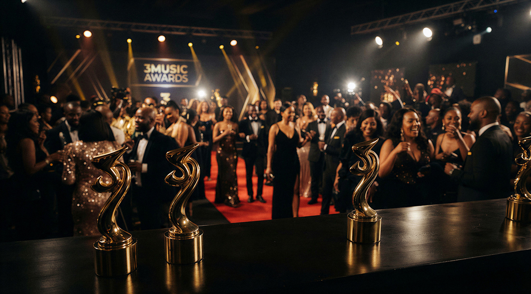A cinematic capture of a red-carpet awards show event. Sophisticated lighting, polished gold trophies in the foreground, and a glamorous audience in the background. The aesthetic is high-end, luxury, and authoritative, using a palette of deep void, electric white, and gold accents. 3Music Awards branding is subtly integrated into the background lighting.