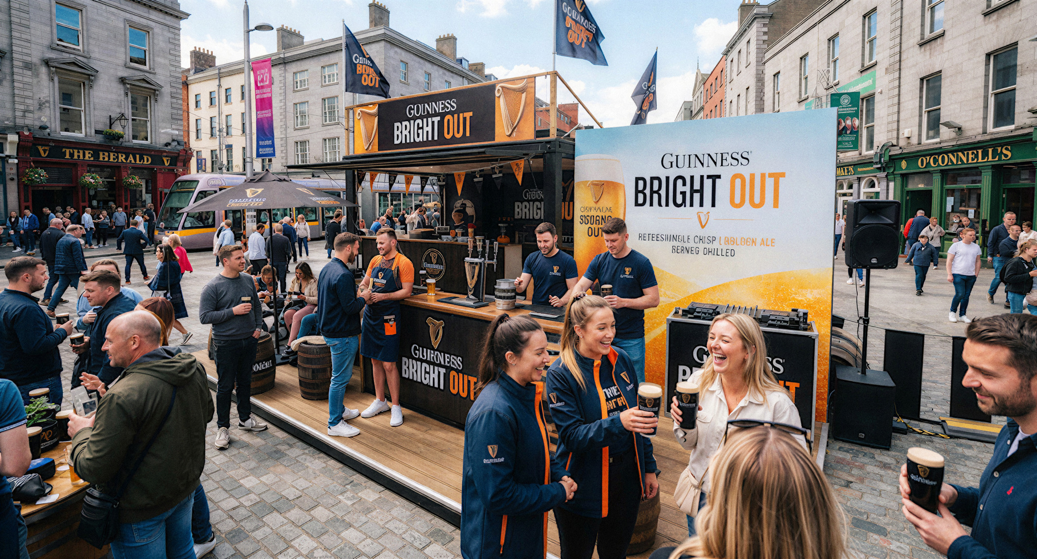 A vibrant daytime field marketing activation for Guinness. The scene features a high-energy pop-up bar, promotional staff in branded attire interacting with customers, and large-scale Guinness Bright Out signage. The lighting is bright and energetic, capturing a moment of genuine cultural engagement in a bustling urban environment.