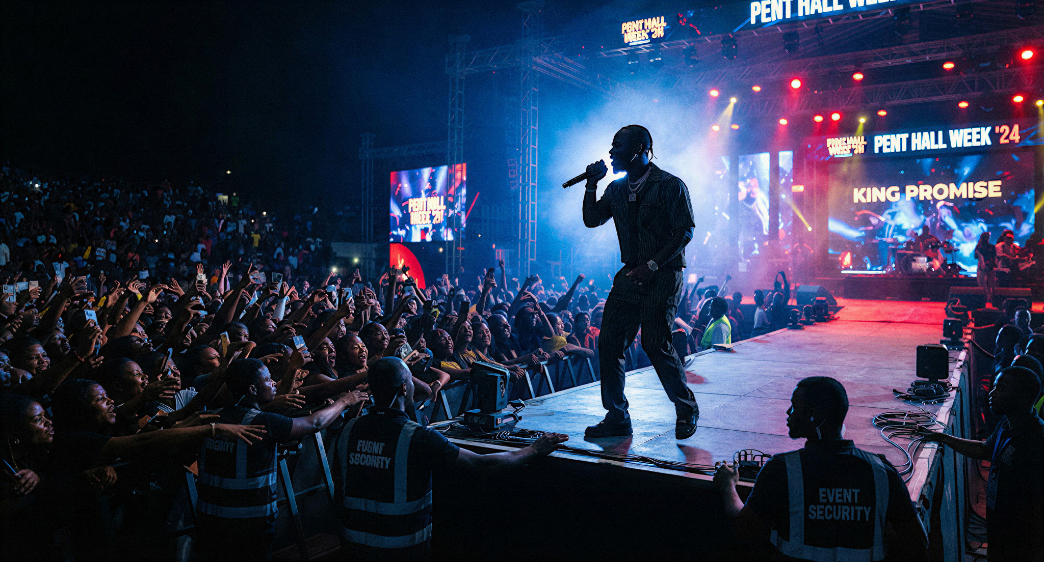 A high-energy, vibrant photograph of King Promise performing for a dense, cheering crowd of 4,500 students at Pent Hall Week. The lighting is dominated by electric blues and deep reds. The composition shows the singer's silhouette against a wall of light, with the focused intensity of a world-class production. The atmosphere is one of peak jubilation and professional event security management.