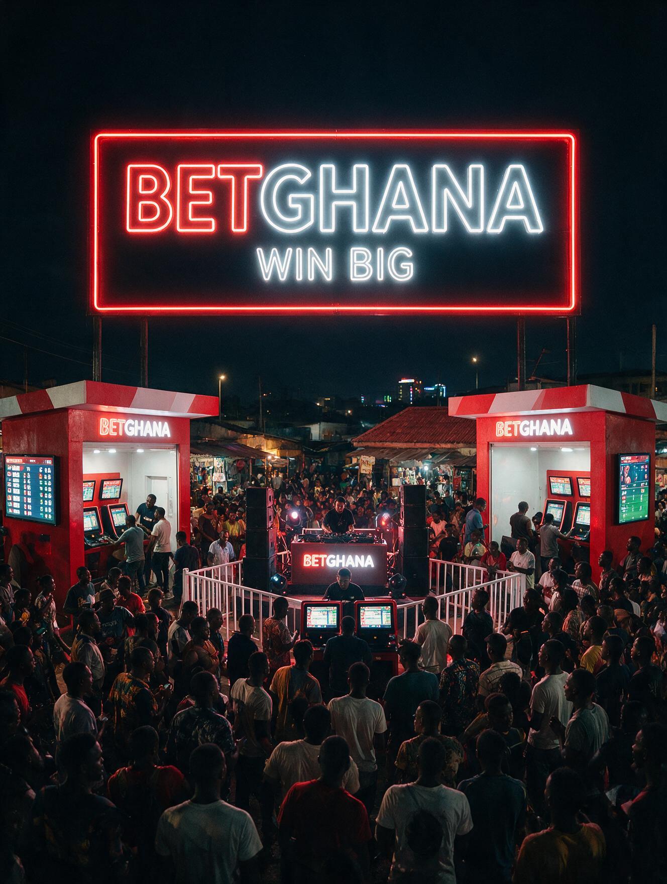 A wide, vibrant night-time shot of a large-scale retail and betting brand activation. Massive illuminated signage, branded retail hubs, and a dense, energetic crowd engaging with the brand experience. High contrast, neon colors, and a high-energy atmosphere under a dark African night sky.