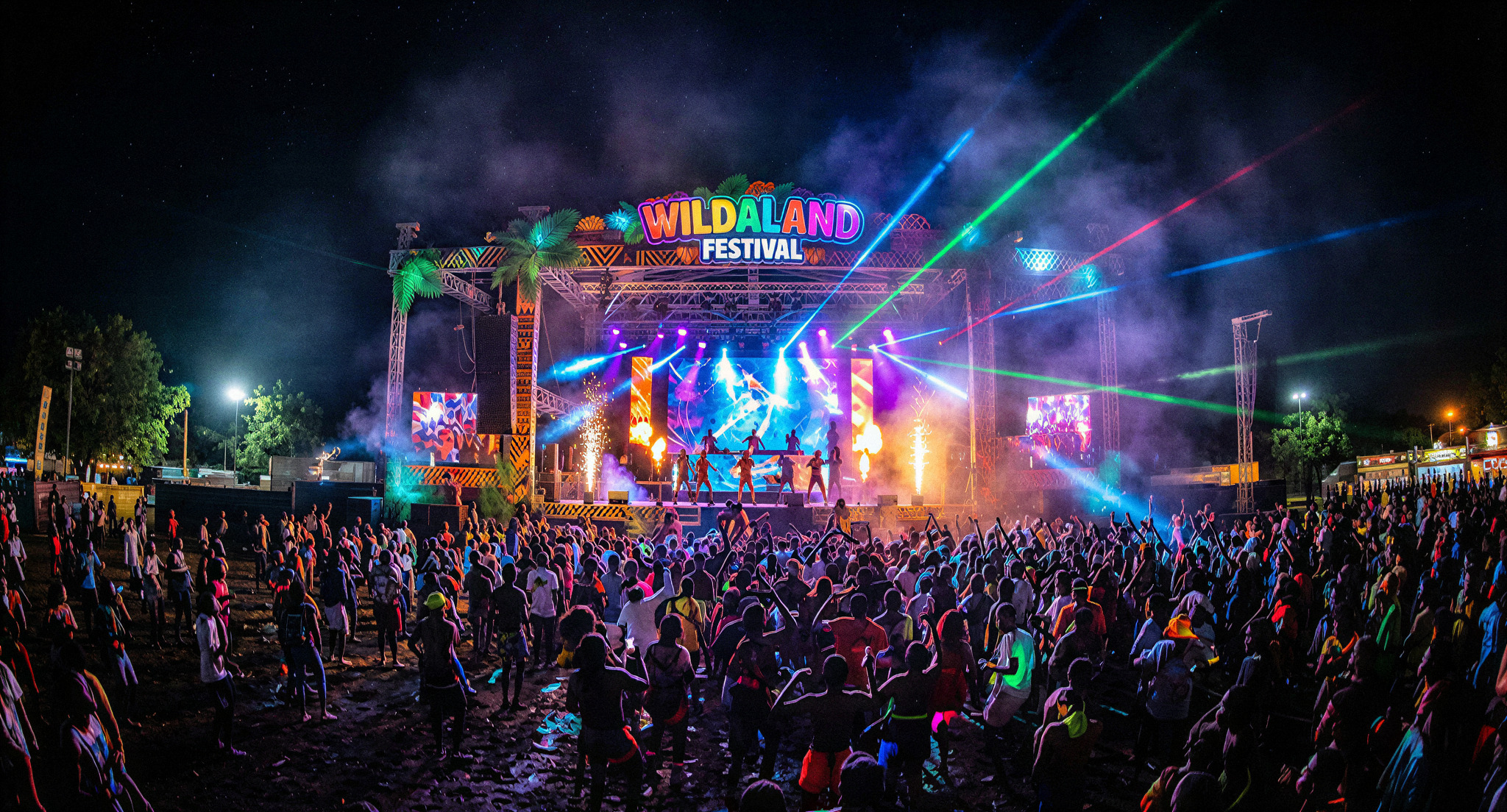 A wide, vibrant night-time shot of the Wildaland Festival main stage. The image captures massive colorful lighting rigs, laser beams cutting through the haze, and a dense, energetic crowd dancing in front of a tropical-themed stage setup. High contrast, neon colors, and a high-energy festival atmosphere under a dark African night sky.